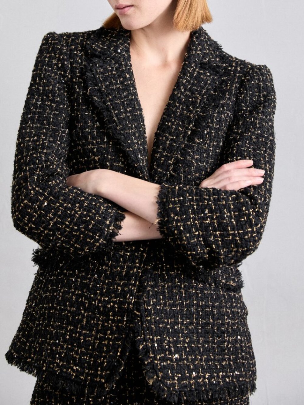 Cinq à Sept 'Khloe' Fringe-Trim Sylvie Boucle Blazer, Black/Gold - Picture 2 of 7